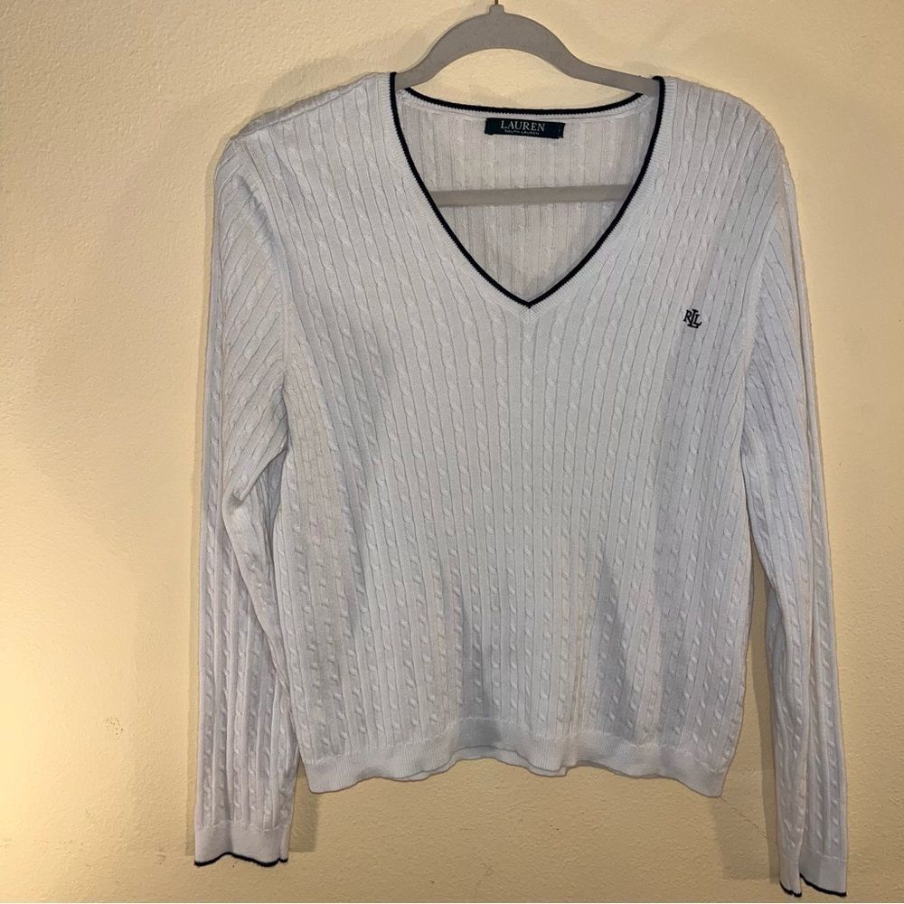 Ralph Lauren V-Neck Cable Knit Navy Edge Preppy Tennis Sweater Size XL - Picture 3 of 7